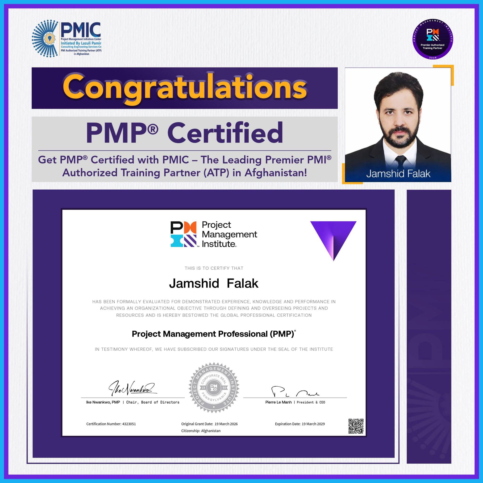 Congratulations to Jamshid Falak on Achieving PMP® Certification