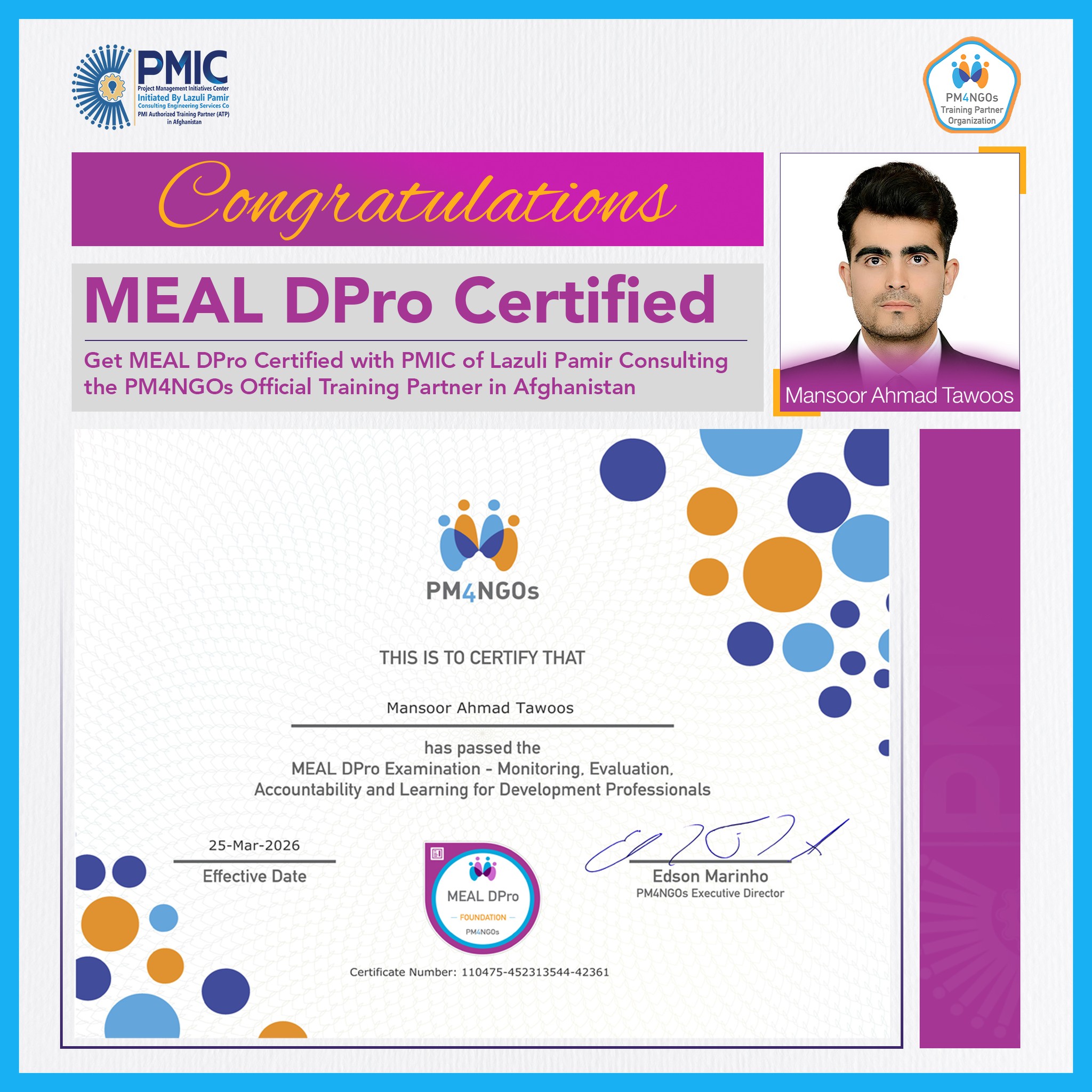 MEAL DPro Certified – Congratulations to Mansoor Ahmad Tawoos